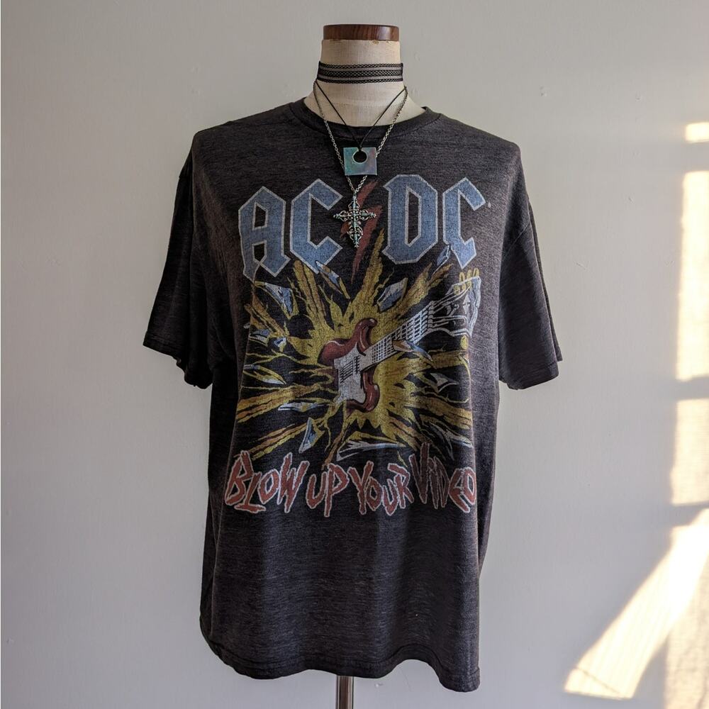 Y2K AC/DC Oversize Band Tee XL Distressed "Blow Up Your Video" Grey Slouchy Top